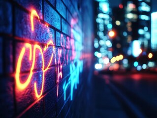 Wall Mural - neon lights reflecting on brick wall at night