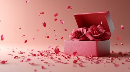 Poster - Elegant 3D render of open red gift box with rose petals falling around set against a clean and minimalistic pink background representing love and luxury on Valentines Day