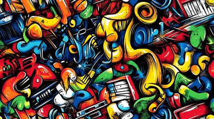 Poster - A dynamic music doodle pattern filled with guitars, pianos, saxophones, and microphones, with musical notes, sound waves, and speakers, set against a lively and colorful background,