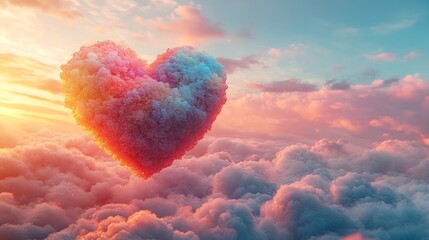 Poster - Abstract Valentines Day scene with a vivid multicolored heart floating serenely in the clouds surrounded by a soft gradient sky in tones of pink blue and white evoking feelings of love