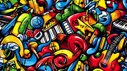 Poster - A lively music doodle pattern featuring acoustic guitars, pianos, and microphones, with dynamic lines of musical notes, vinyl records, and headphones, set against a bright and colorful background,