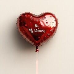 Fototapete - Simple yet elegant Valentines balloon the shape of a heart reading text Be My Valentine floating alone on a minimal creamcolored background creating a romantic and clean design