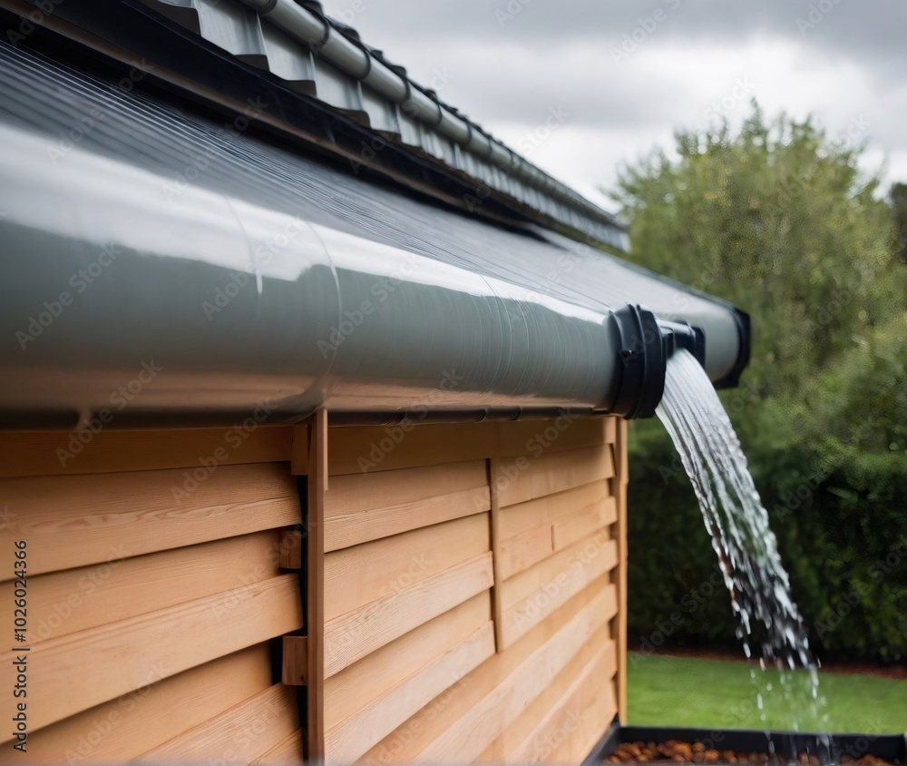 Rainwater harvesting system installed at a contemporary home, with blue ...