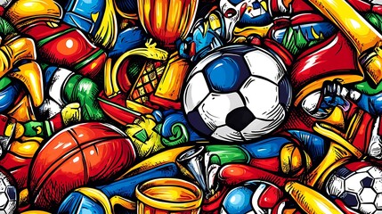 Poster - A lively sports doodle pattern featuring various sports items like soccer balls, basketballs, tennis rackets, and football helmets, surrounded by trophies, jerseys, and dynamic lines,