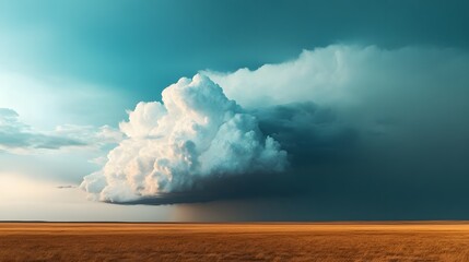 A dramatic cloud formation looms over a vast landscape, showcasing vibrant colors and a serene atmosphere under the expansive sky.