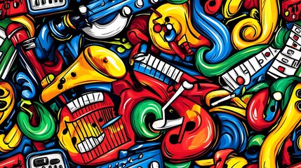 Poster - A playful music-themed doodle pattern filled with electric guitars, keyboards, saxophones, and trumpets, surrounded by swirling musical notes and abstract sound waves, set against a neon background,