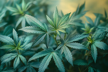 A bunch of marijuana plants with green leaves. The plants are growing in a field