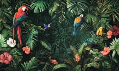 Tropical jungle with colorful parrots and flowers.