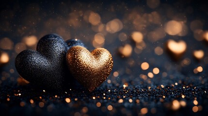 Poster - Romantic Valentine's Day composition glittering gold and glossy black hearts set against a velvety dark backdrop evoking elegance and passion