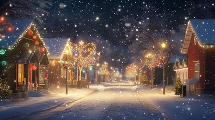 A snow-covered street at night  with houses decorated with colorful Christmas lights