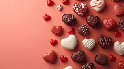 Poster - Valentines Day greeting card featuring lovethemed chocolate candy with red and white hearts in paper cut style set on a coral background with space for text and an origami touch