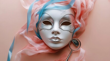Poster - Delicate white silver Venetian mask with playful blue and pink streamers and a metallic whistle set against a minimalist soft beige background for a subtle carnival party look