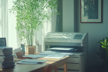 A printer copier machine printing documents, office chairs and desks in the background