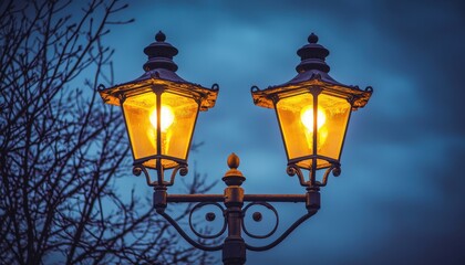 Two vintage street lamps glow warmly against a moody twilight sky, illuminating the surrounding branches.