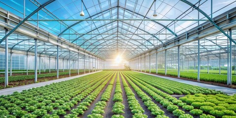 High tech agricultural greenhouse with AR hologram statistics over organic crops