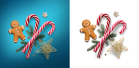 Wall Mural - christmas design element composition with fir tree branches and holiday ornament on transparent.
