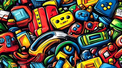 Poster - A retro gaming-themed doodle pattern showcasing vintage game consoles, joysticks, arcade screens, and pixelated icons, surrounded by bright neon color splashes, nostalgic and dynamic, hd quality,