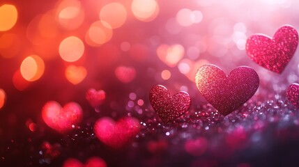 Poster - Heartshaped bokeh lights creating dreamy gradient background in soft pink and red hues Perfect for a romantic Valentine's Day or Women's Day design