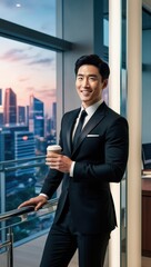 Confident Businessman in Modern Office: A successful Asian businessman smiles confidently while holding a coffee cup, standing by a large window overlooking a stunning cityscape at sunset.