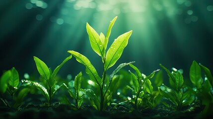 fresh green plants illuminated by soft sunlight underwater.