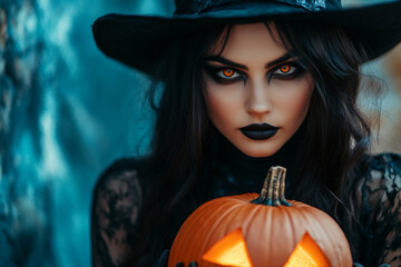 Canvas Print - mysterious person holding glowing pumpkin halloween night design generative ai
