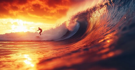 Wall Mural - Surfer rides a large wave during a vibrant sunset at the beach