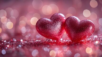 Poster - Two glowing hearts a pink glitter backdrop surrounded by shiny sparkles and light reflections capturing the essence of love and Valentine's Day in a soft elegant and festive atmosphere