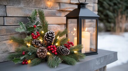 Wall Mural - This charming Christmas lantern, adorned with pine cones and holly berries, adds a festive touch to the decor on a table in front of a rustic brick wall