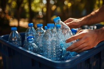 Hands placing plastic bottles into a blue recycling bin outdoors. Generative AI