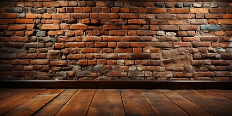 Rustic wooden floorboards meet a weathered brick wall, a timeless backdrop for stories yet to be told.