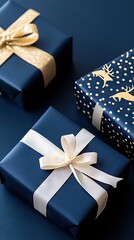 Wall Mural - Beautiful navy blue wrapping paper features shiny gold Merry Christmas text, enhanced by elegant ribbons, perfectly presenting gifts against a dark gray background