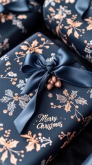 Wall Mural - Beautiful navy blue wrapping paper features shiny gold Merry Christmas text, enhanced by elegant ribbons, perfectly presenting gifts against a dark gray background