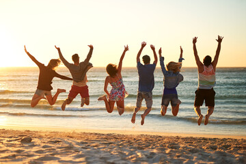 back, beach and people with energy, jump and bonding together with journey, adventure and travel. ge