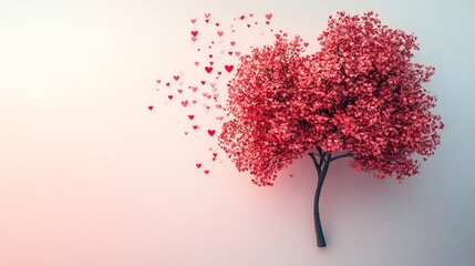 Poster - Minimalistic white background featuring Valentines tree with heartshaped leaves in soft pink and red tones creating a serene and romantic atmosphere