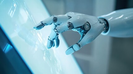 Poster - Close-up of robotic hand interacting with a touchscreen, illustrating the integration of AI and human-computer interaction Close-up photo with clean background