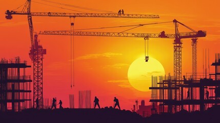 Poster - Creative background featuring a construction site with cranes and workers silhouetted against a sunset
