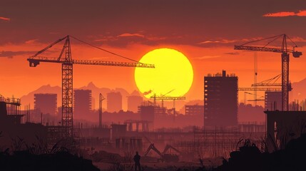 Poster - Creative background featuring a construction site with cranes and workers silhouetted against a sunset