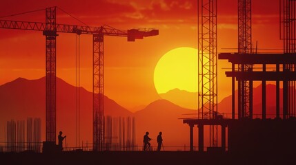 Poster - Creative background featuring a construction site with cranes and workers silhouetted against a sunset