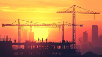 Poster - Creative background featuring a construction site with cranes and workers silhouetted against a sunset