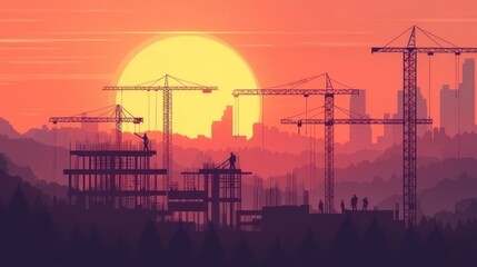 Poster - Creative background featuring a construction site with cranes and workers silhouetted against a sunset