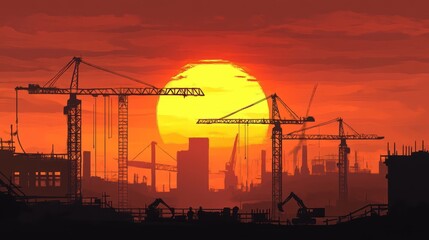 Poster - Creative background featuring a construction site with cranes and workers silhouetted against a sunset