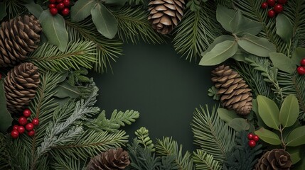 Sticker - A beautifully arranged assortment of pine cones and vibrant red berries is surrounded by lush evergreen branches, creating a festive atmosphere ideal for Christmas decor