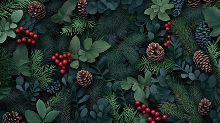 Wall Mural - A beautifully arranged assortment of pine cones and vibrant red berries is surrounded by lush evergreen branches, creating a festive atmosphere ideal for Christmas decor