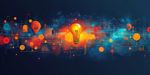 Poster - A vibrant digital design featuring a glowing light bulb surrounded by colorful shapes and symbols. This captivating image symbolizes innovation and ideas. Perfect for tech and creativity themes. AI