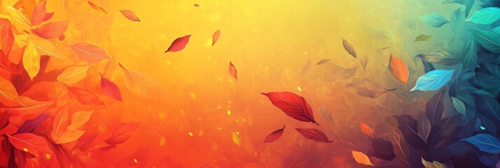 Wall Mural - beautiful colorful leaves float gracefully in a vibrant backdrop of orange and blue. this abstract i