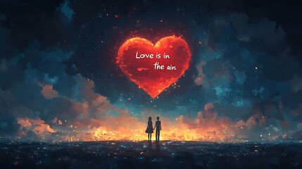 Poster - Lovers holding hands beneath giant red heart floating above the Earth with Love is in the air written across the sky The world is illuminated with a warm Valentine glow