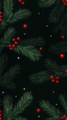 Wall Mural - The composition features lush pine branches with vibrant red berries against a dark green background, enhanced by twinkling lights, creating a warm holiday atmosphere