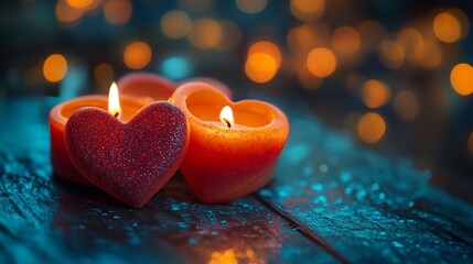 Poster - Heartshaped candles flicker gently against softly blurred backdrop with vibrant bokeh lights adding a magical glow A serene Valentines Day love concept with a cozy intimate feel