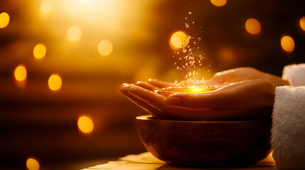 A pair of hands holding golden light particles in a serene, spiritual atmosphere. Warm, glowing ambiance symbolizes hope and peace.