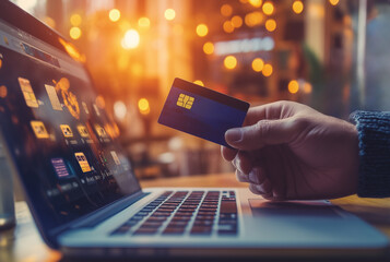 People shopping online using laptops, phones. A man is holding a credit card in front of a laptop.